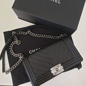 Chanel Medium Black Chevron Boy Bag Silver